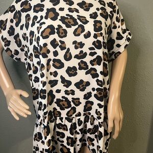 Grateful Hearts Cheetah Print Blouse Cuffed Short Sleeves, Ruffle At The Bottom